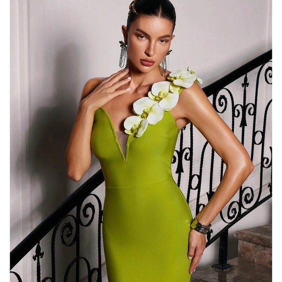 Lime Green Asymmetrical One Shoulder Embellished Maxi Dress - Picture 2 of 11